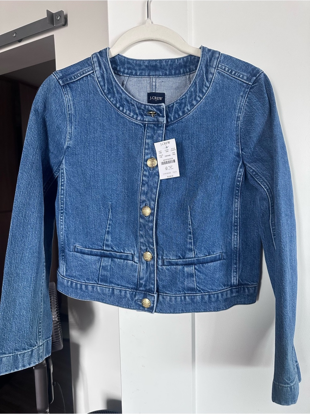J.Crew Collarless Cropped Denim Jacket Gold Buttons Size 00P – NWT 💙